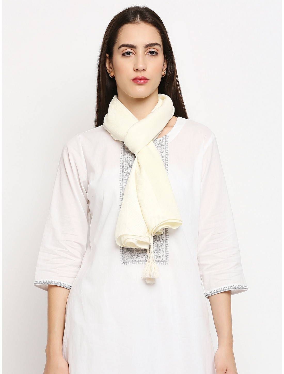 Get Wrapped | Get Wrapped White Dobby Border Scarf with Tassel for Women