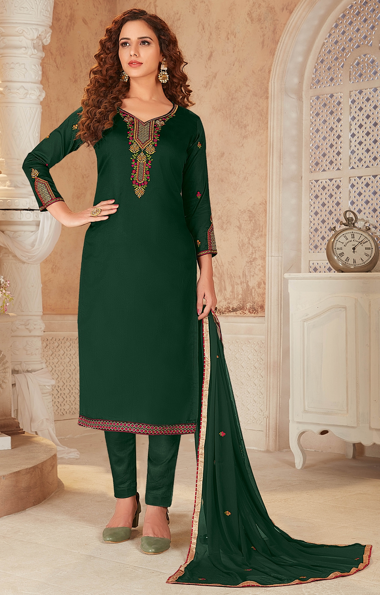 SHAILY RETAILS | Green Color Cotton Embroidered Unstitched Dress Material-FL_PANKHUDI1064_DM