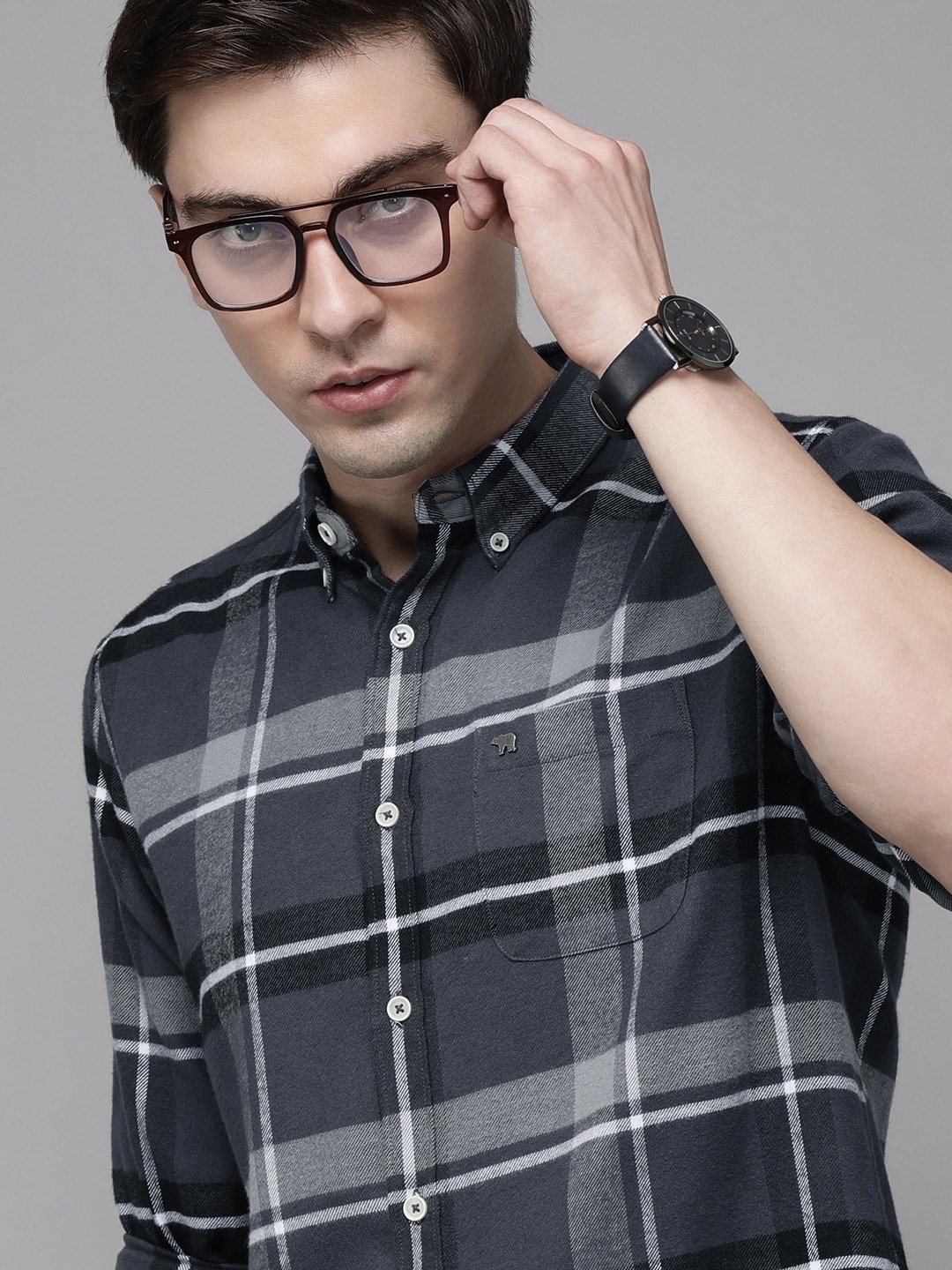 The Bear House | Men's Grey Checked Flannel Slim Fit Casual Shirt