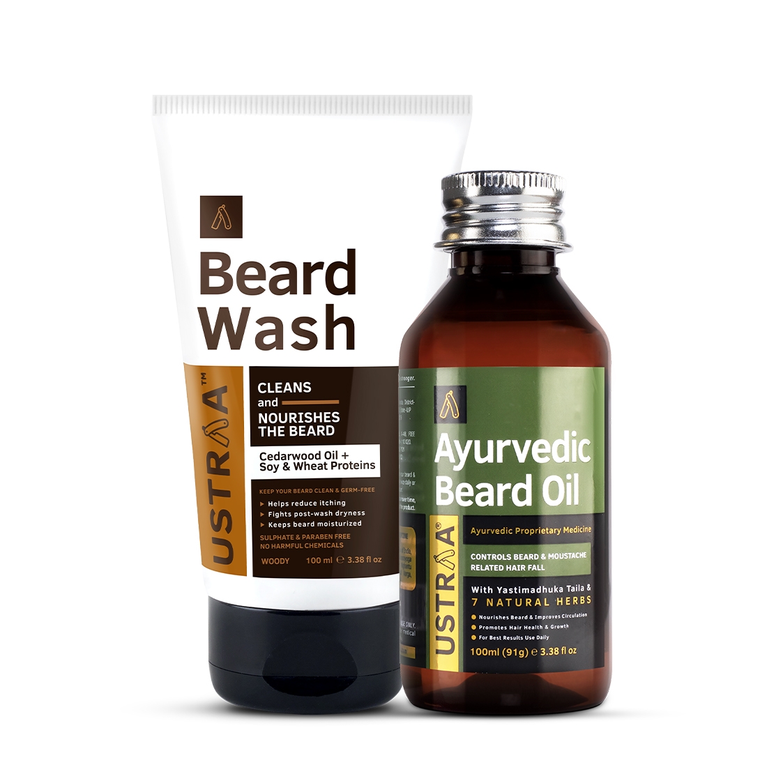 Ustraa Ayurvedic Beard Growth Oil -100ml & Beard Wash Woody - 100ml