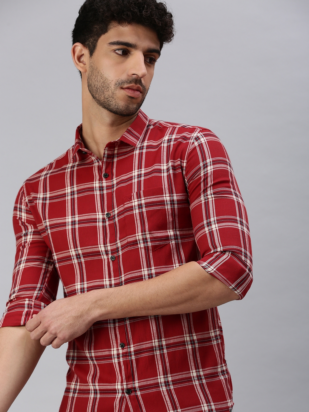 Showoff | SHOWOFF Men's Roll-Up Sleeves Maroon Gingham Checks Shirts 0