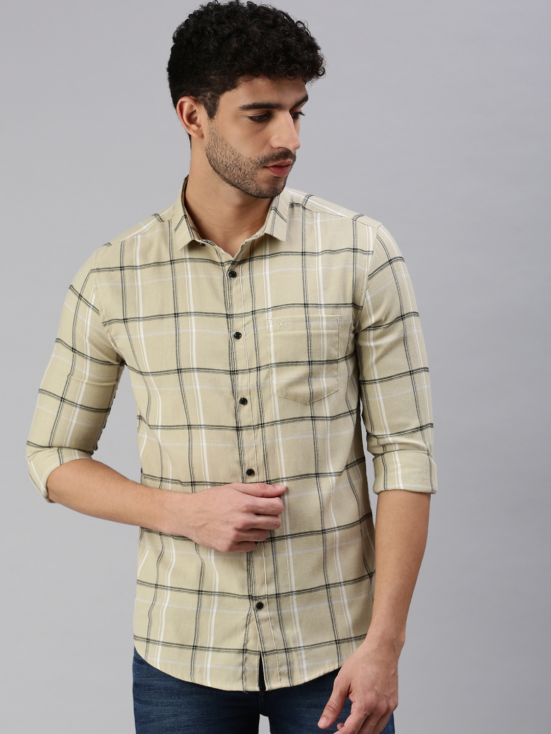 Men's Beige Cotton Checked Casual Shirts