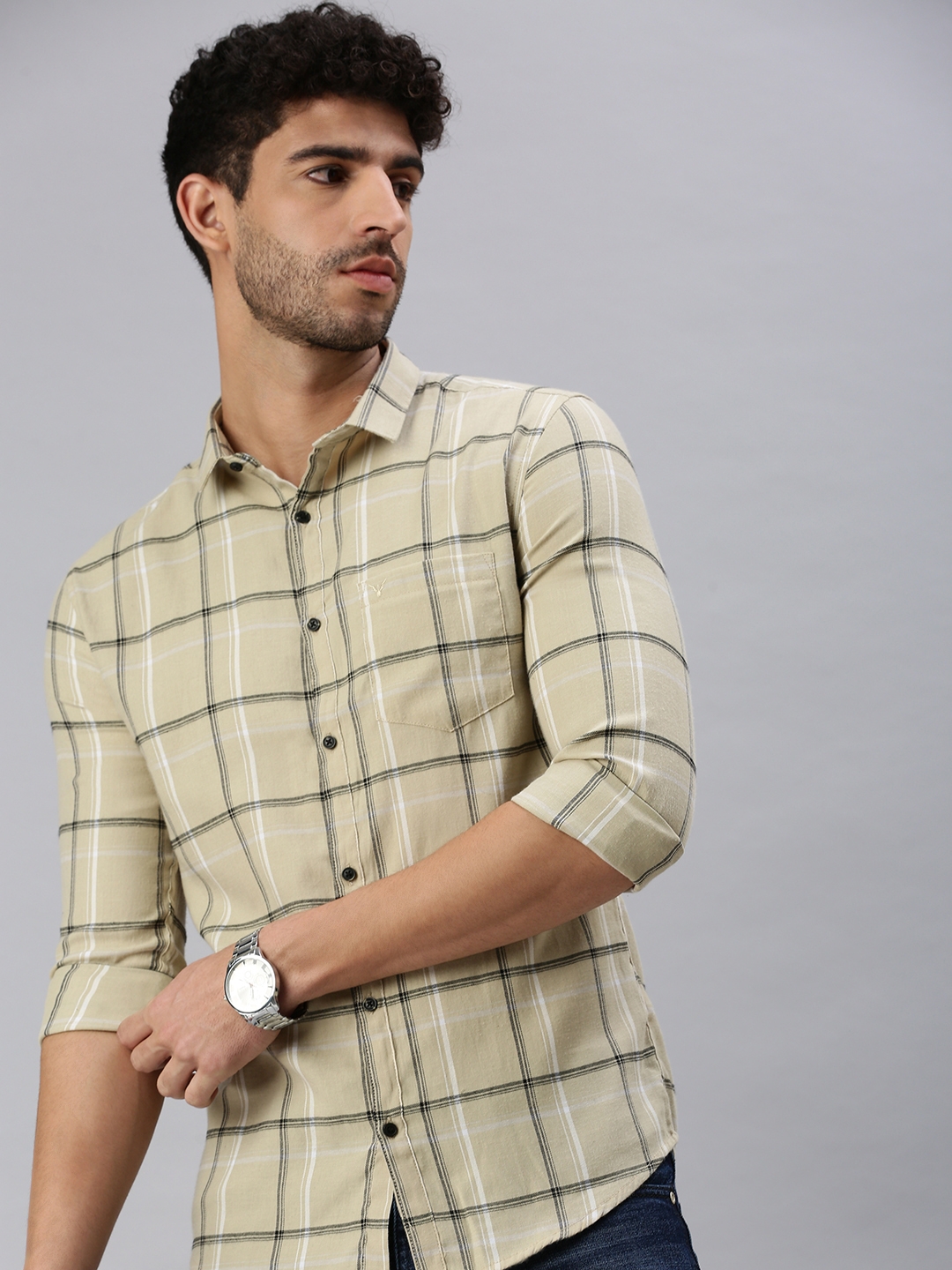 Men's Beige Cotton Checked Casual Shirts