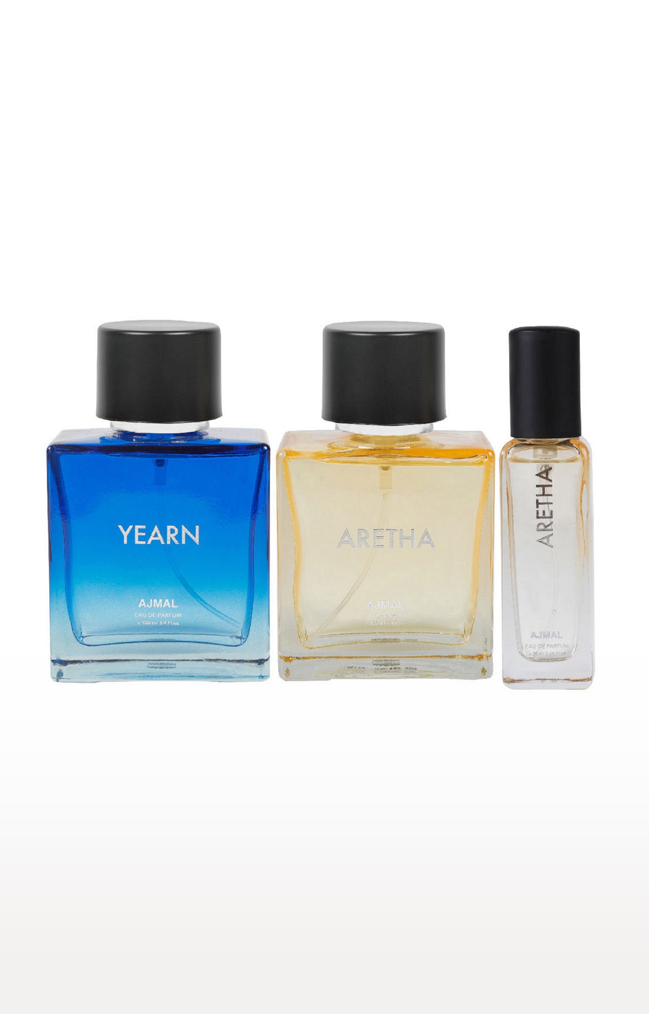 Ajmal | Ajmal Yearn & Aretha EDP each 100ML & Aretha EDP 20ML Pack of 3 (Total 220ML) for Men & Women + 2 Parfum Testers