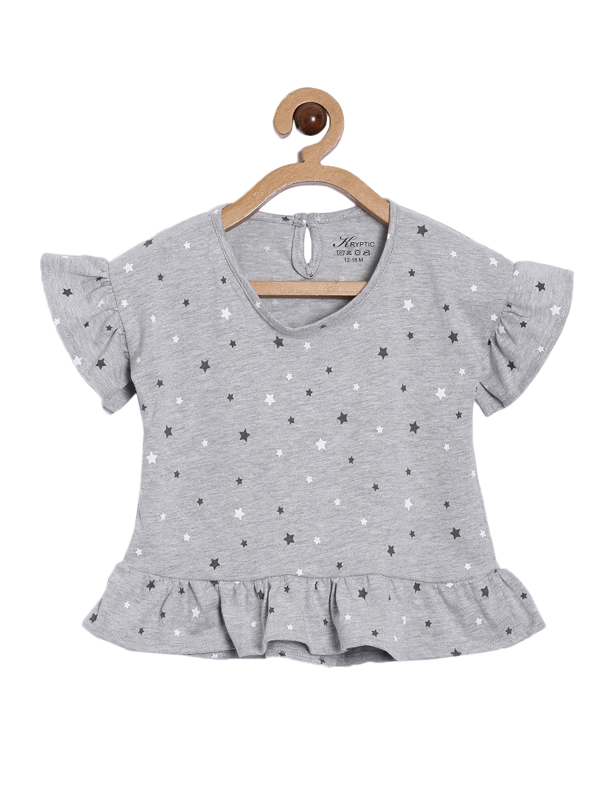 Kryptic Infant Girls Grey Melange Printed Bell Sleeves Pure Cotton Peplum Top