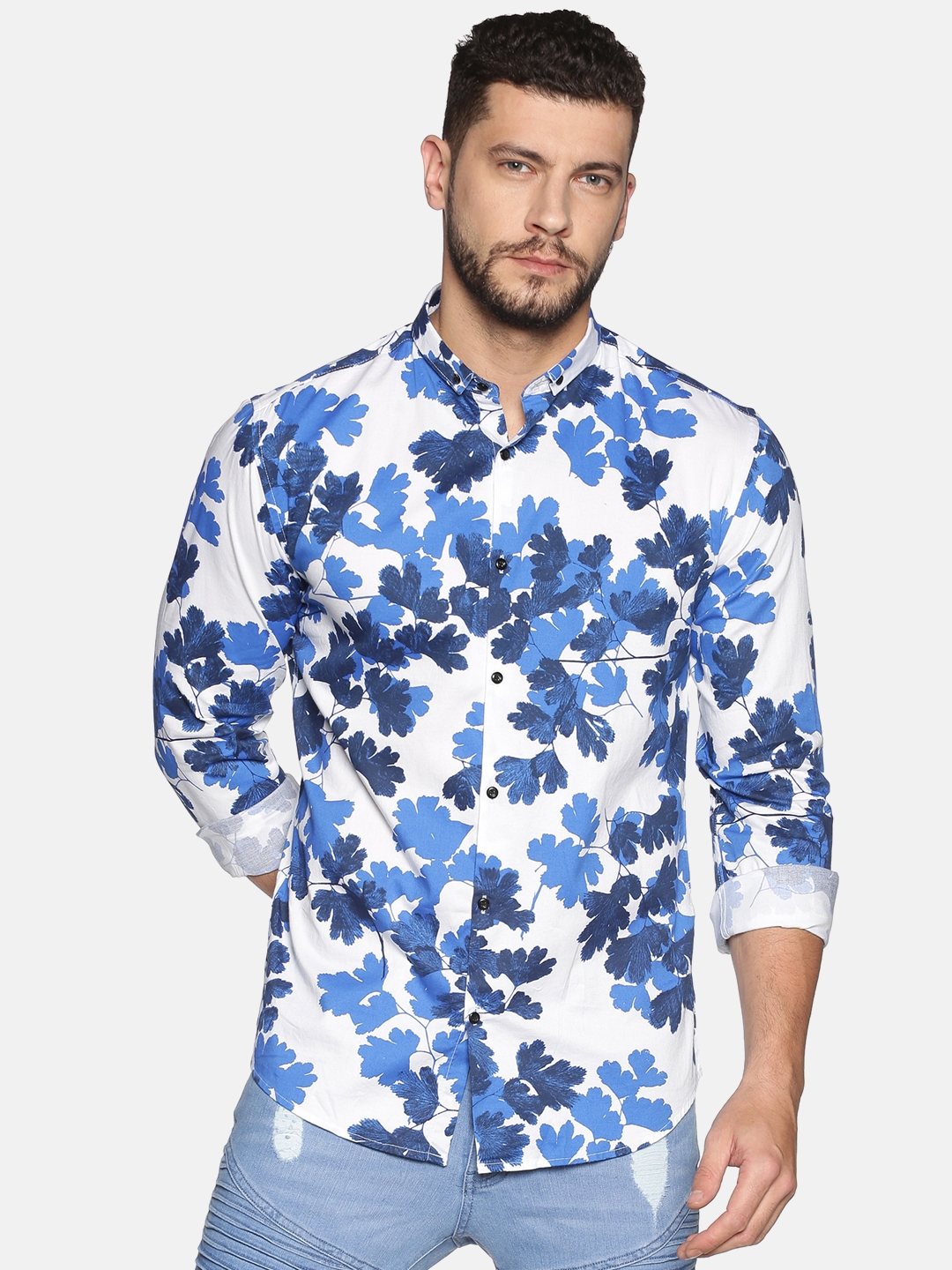 Showoff | Showoff Men's Cotton Casual Blue Printed Slim Fit Shirt