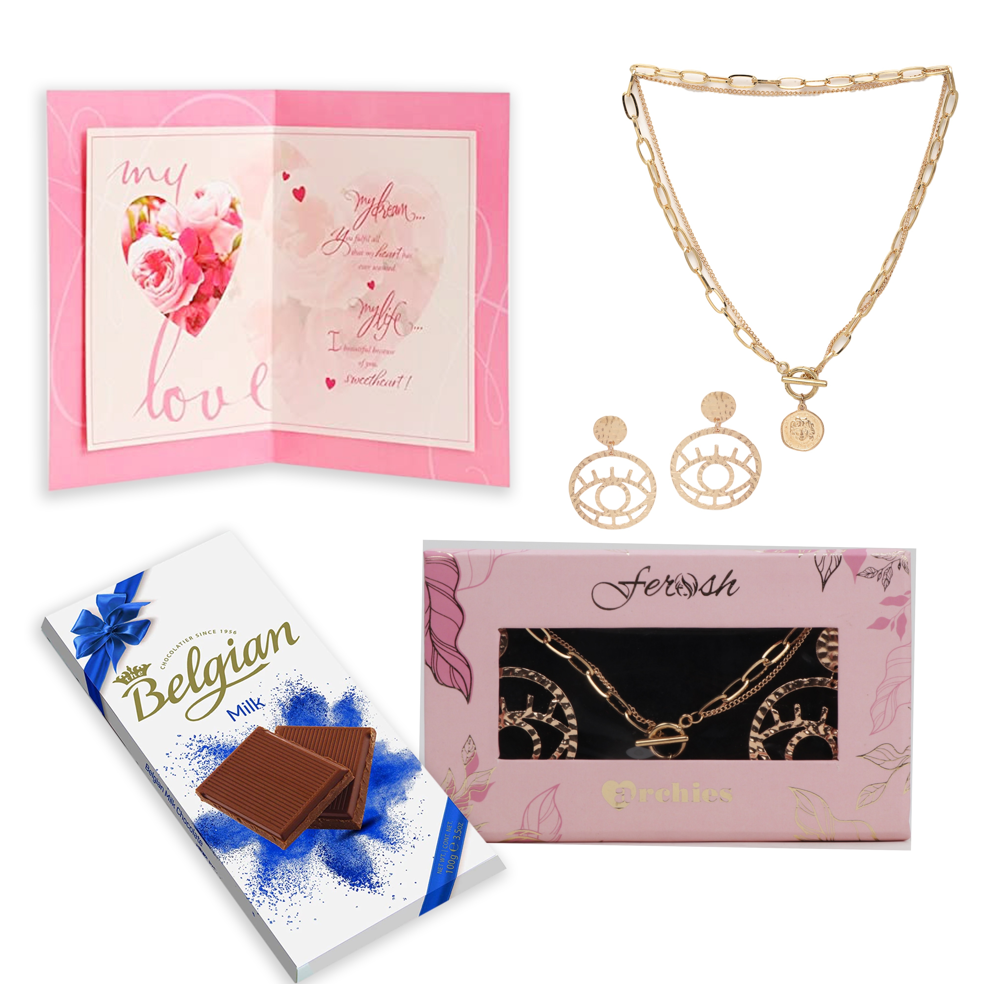 Ferosh | Ferosh Evil Eye and Coin Crystal Combo Fashion Jewellery Set with The Belgian Bar Milk Chocolate and My Husband Love You Card (Pack of 3)