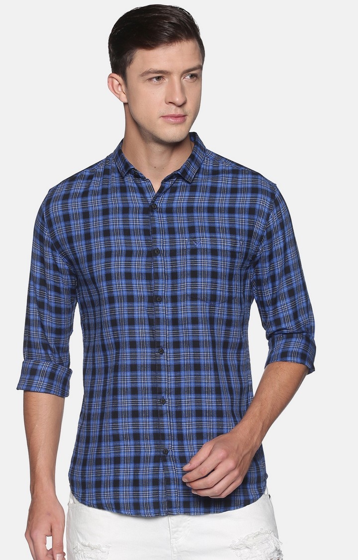 Showoff | Showoff Men's Cotton Casual Blue Checked Slim Fit Shirt