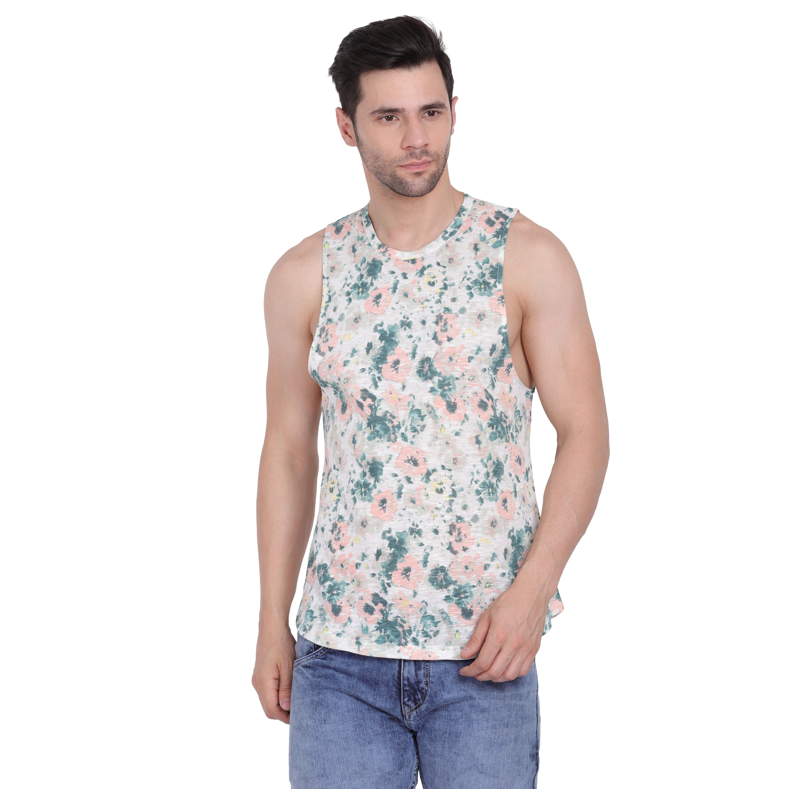 Styvibe | Styvibe Men Floral Print Round Neck Sleeveless Vest T-Shirt