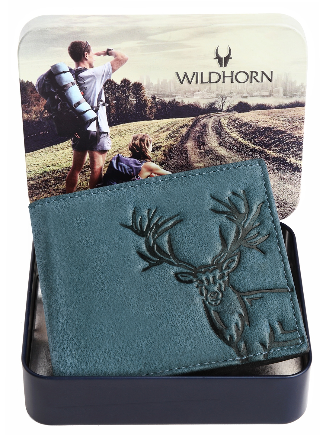 WildHorn | WildHorn RFID Protected Genuine High Quality Leather Embossed Blue Wallet for Men