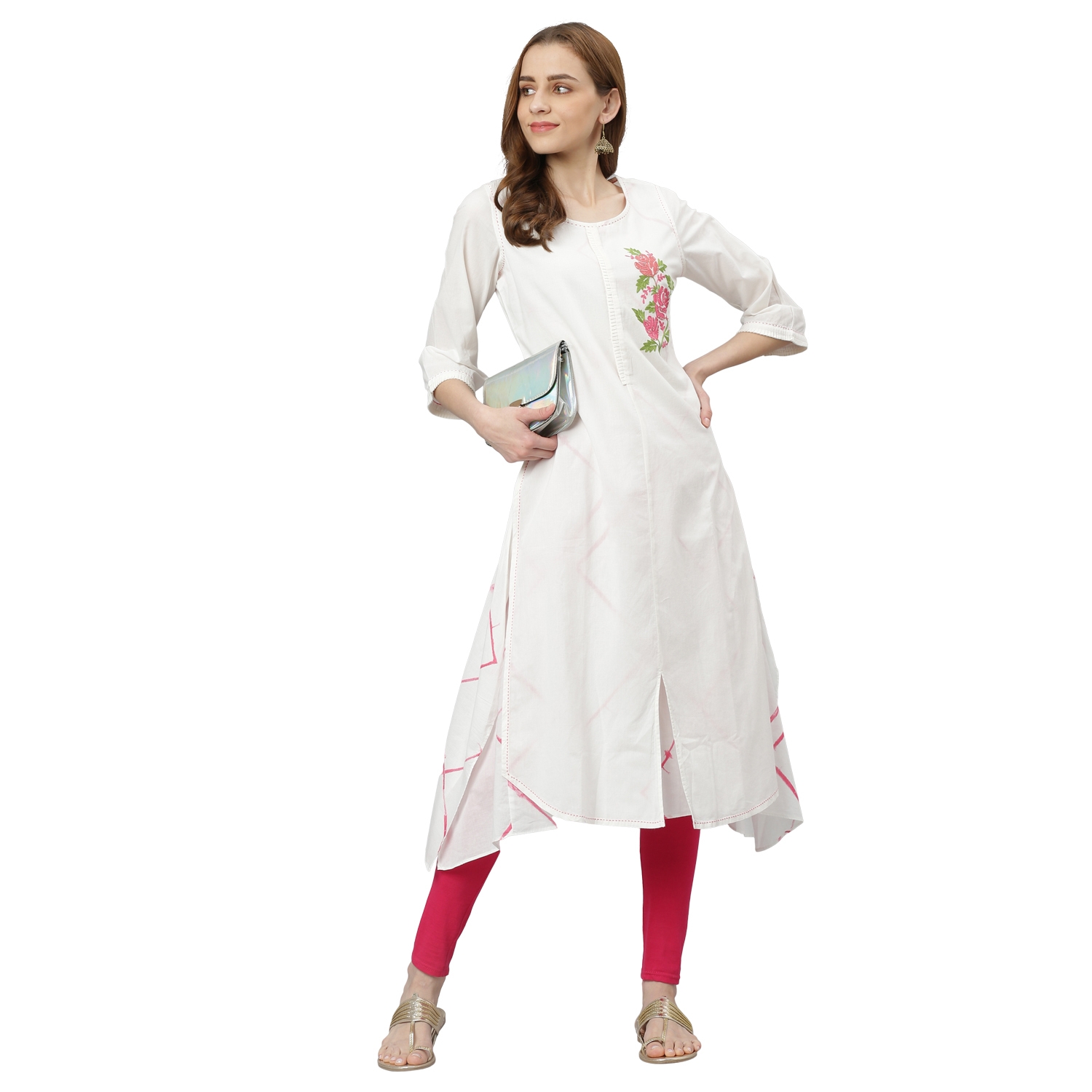 Lakshita | Lakshita White asymmetric kurta with front patch embroidery 