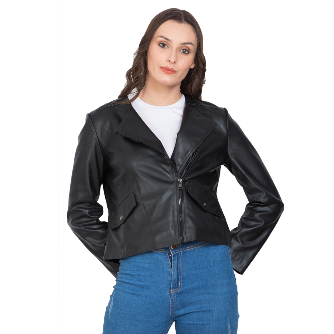 Justanned | JUSTANNED BLACK WIDE COLLAR WOMEN LEATHER JACKET