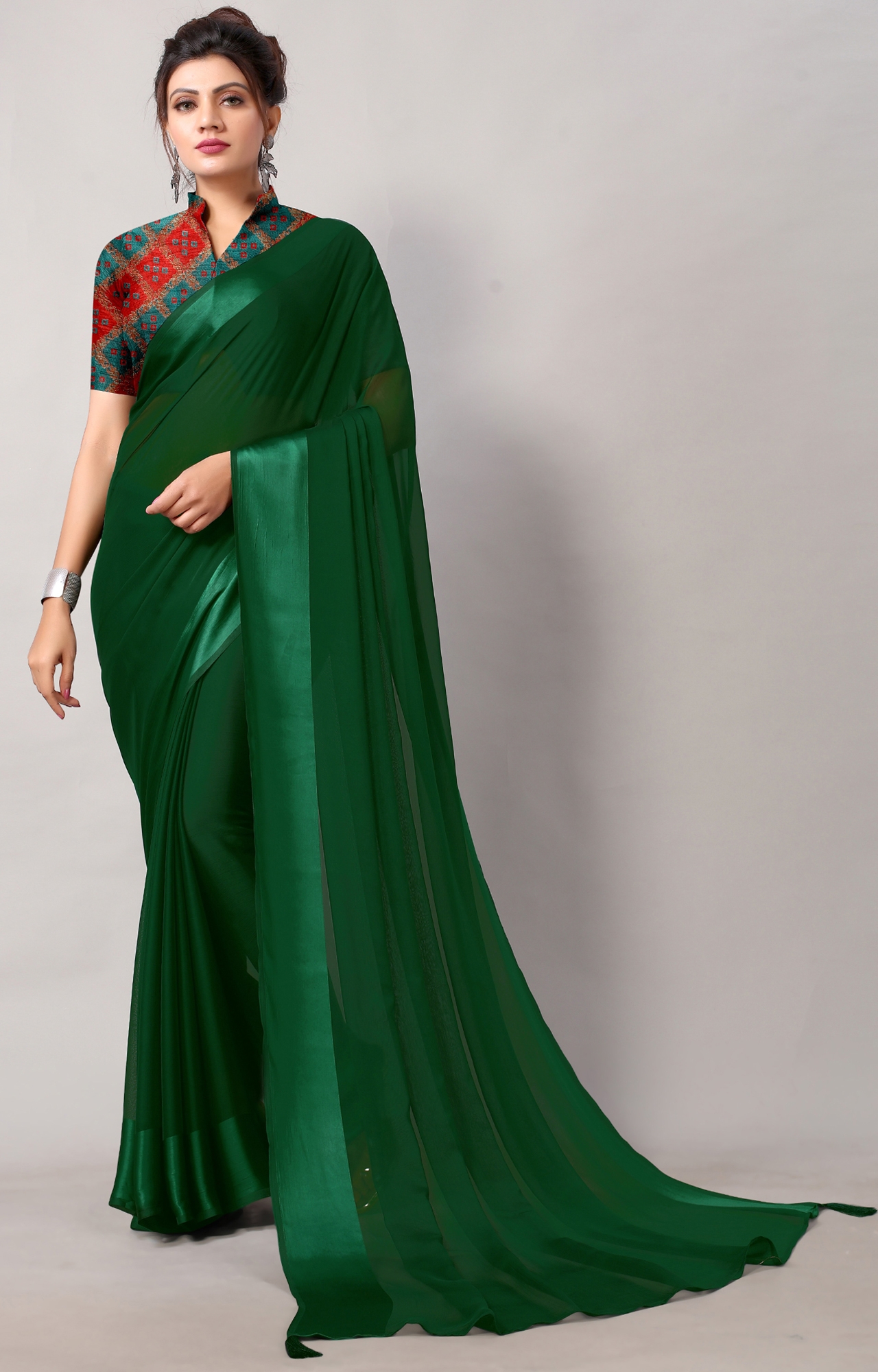 SHAILY RETAILS | Women Dark Green Chiffon Party Wear Solid Saree-HACFNSTNBDR1079DGRN