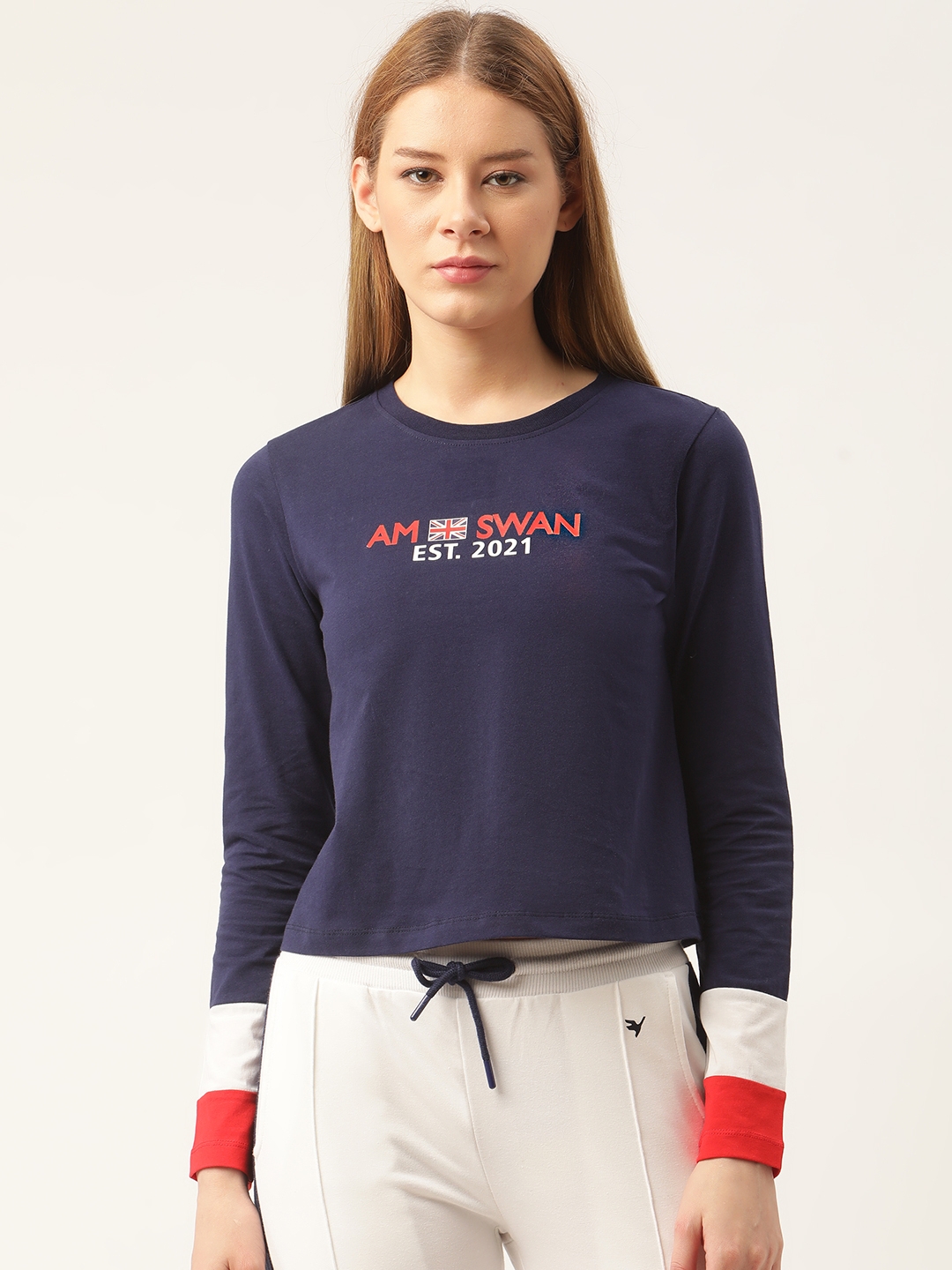 Am Swan | Blue Printed Round Neck T-Shirt