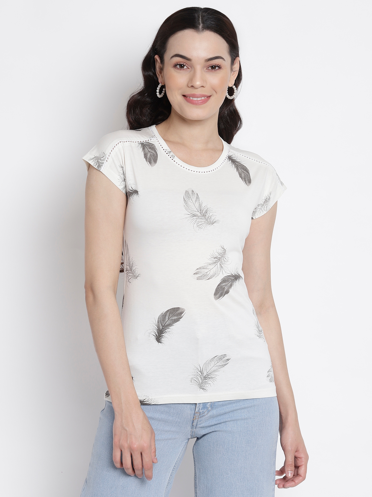 Her Grace | Her Grace Women White Printed Round Neck Tops