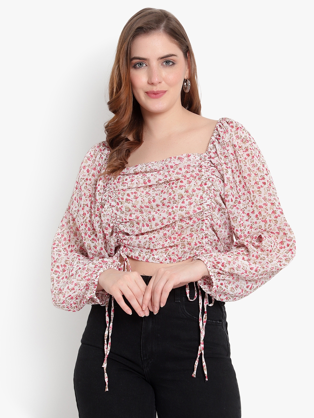 ANKLES | ANKLES Casual Solid White Multi Color Puffed Sleeves Crop Top 