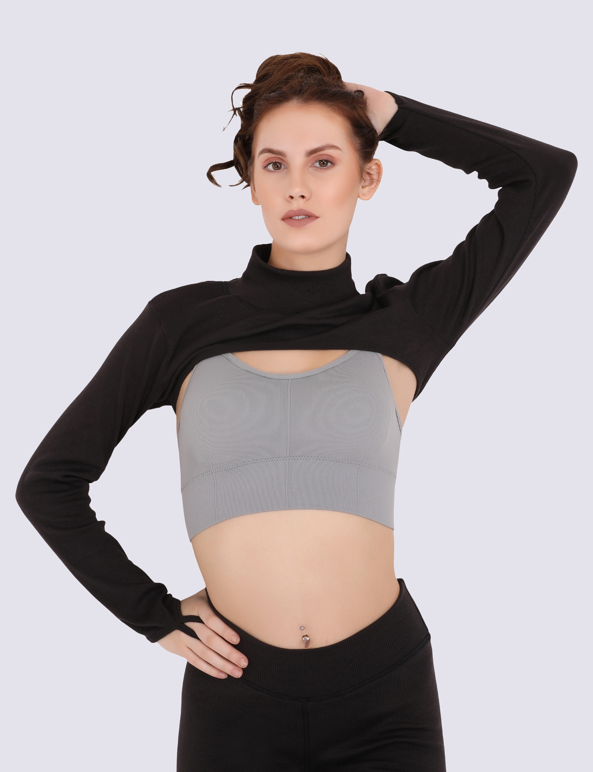 EVERDION | Black Ribbed  Arm Cover Crop Top