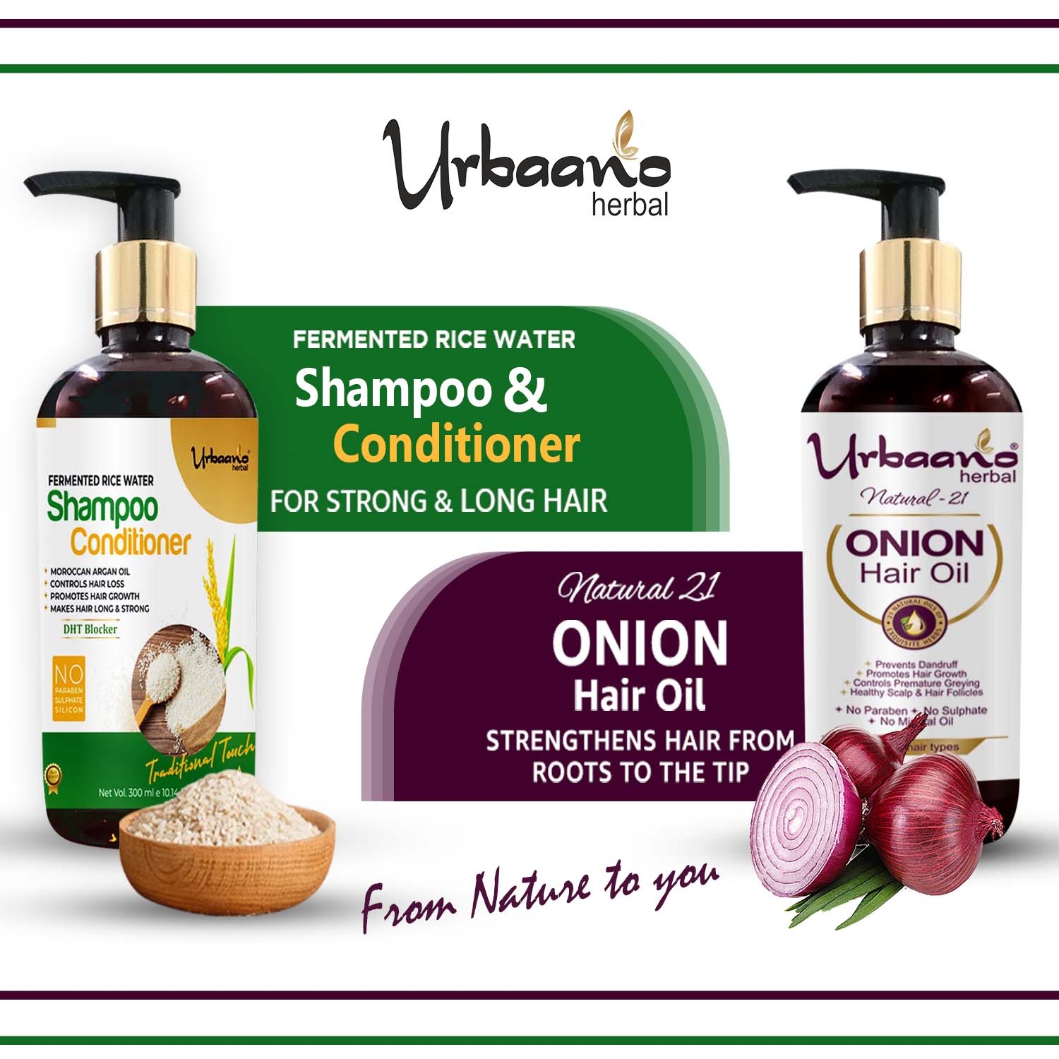 Urbaano Herbal | Urbaano Herbal Onion Hair Oil and Fermented RiceWater Shampoo Hair Care Kit for Long Hair -600ml