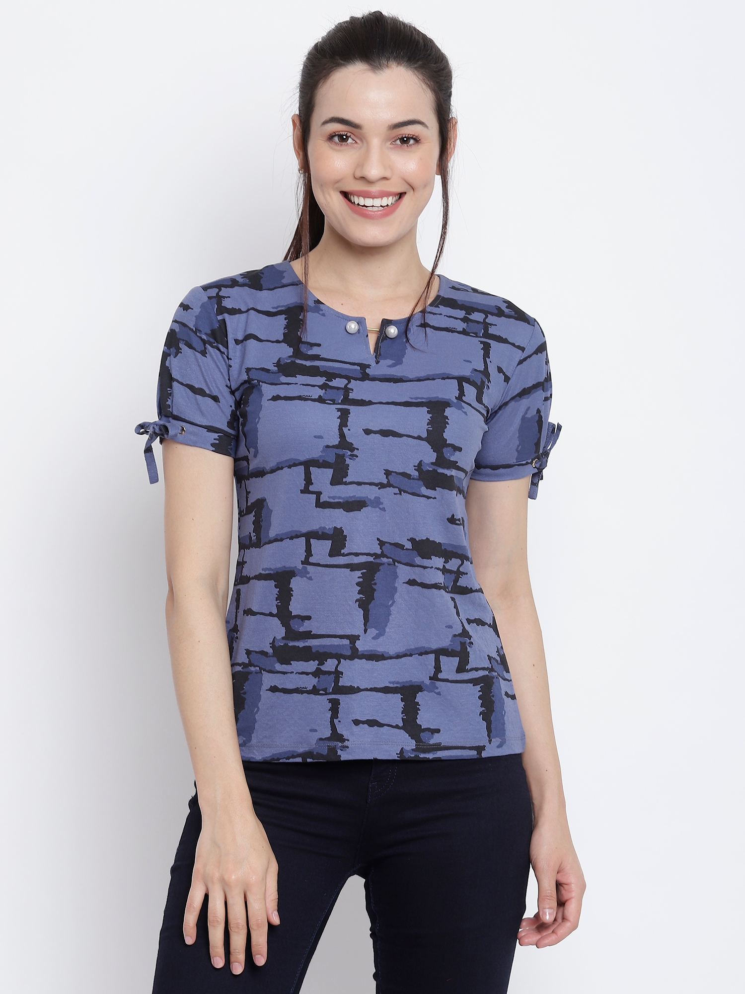 Her Grace | Her Grace Women Blue Printed Round Neck Tops