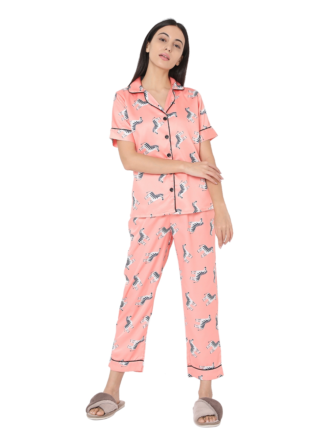 Smarty Pants | Smarty Pants Women's Silk Satin Peach Color Zebra Print Night Suit.