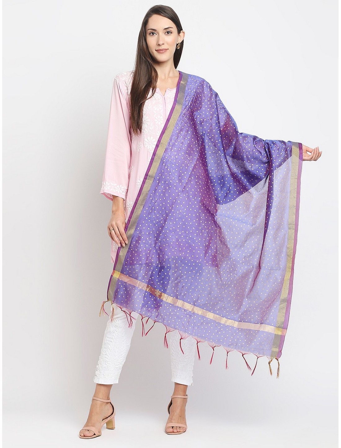 Get Wrapped | Get Wrapped Purple Foil Printed Dupatta with Borders  for Women