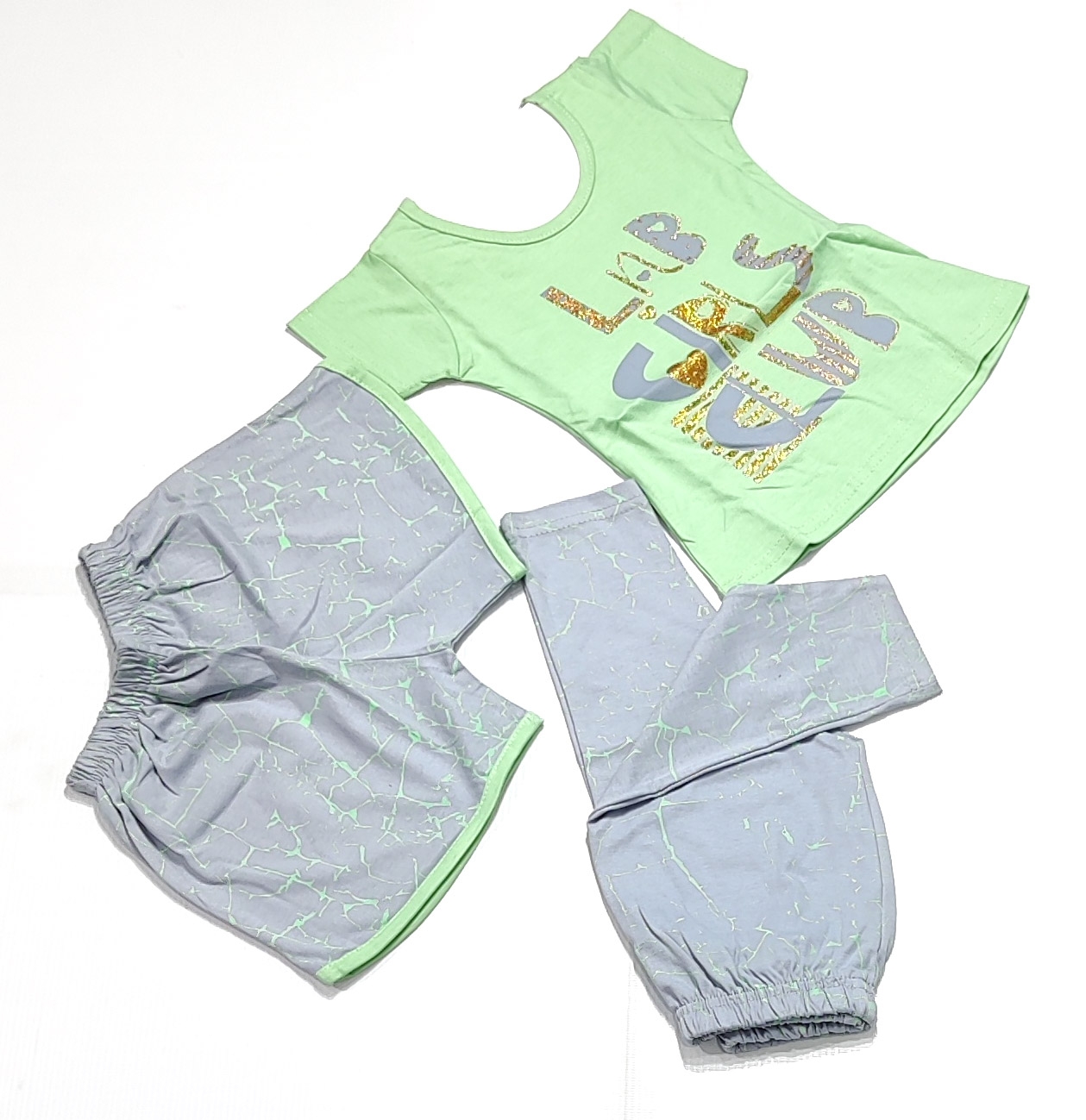AAAKAR | Girl's Green Graphic Printed Top, Shorts And Capri Combo Set