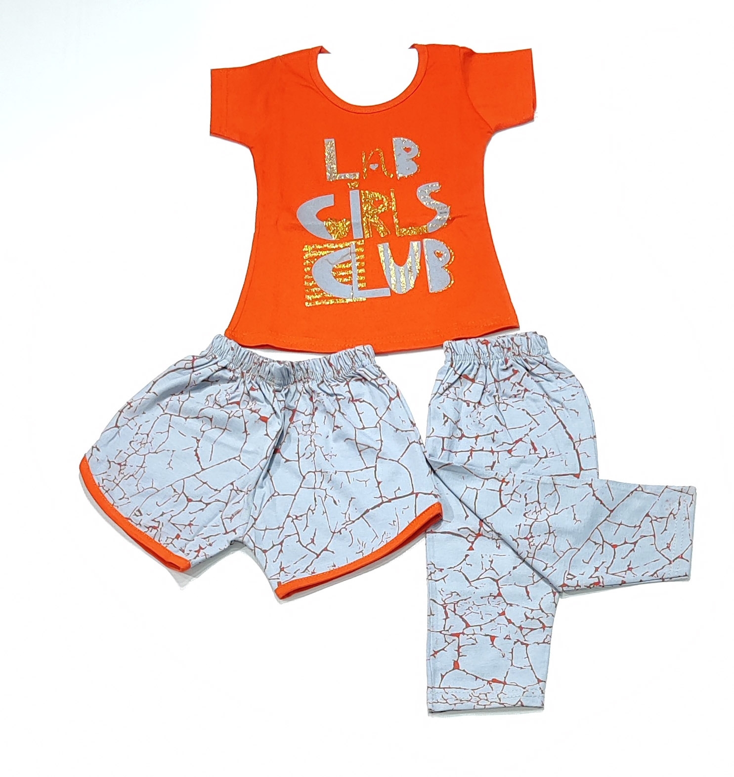 AAAKAR | Girl's Orange Graphic Printed Top, Capri and Shorts Combo Pack