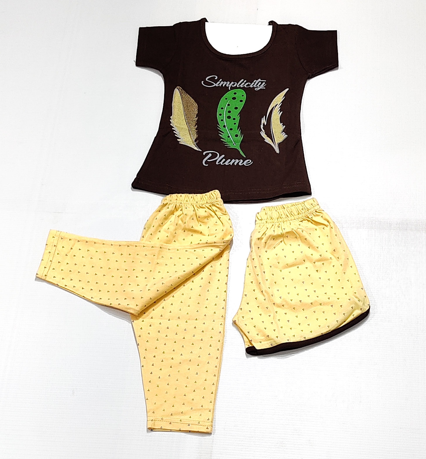 AAAKAR | Girl's Brown Graphic Printed Top, Capri and Shorts Combo Pack
