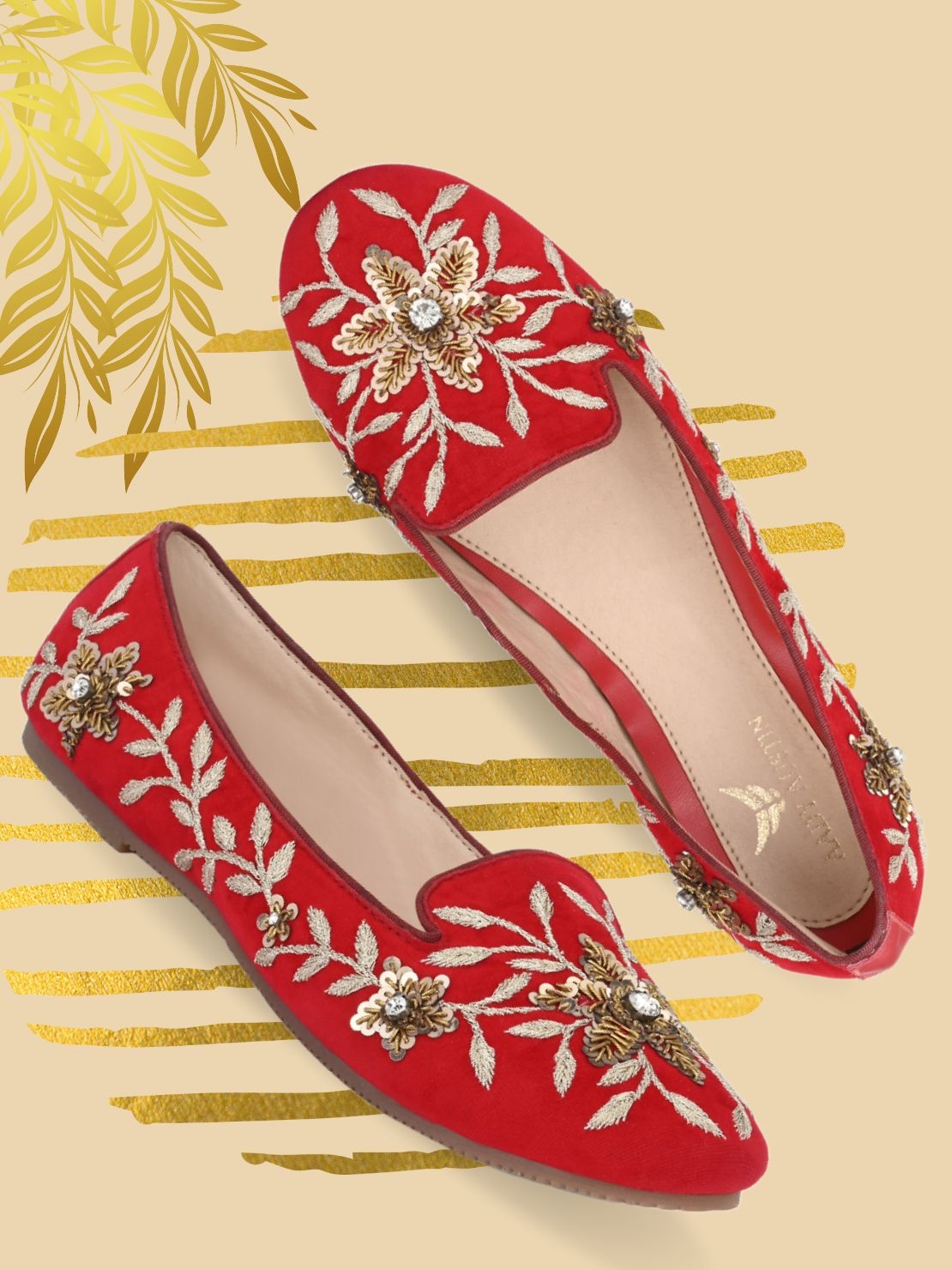 Aady Austin Women's Red Handcrafted Embellished Festive Flat Belly