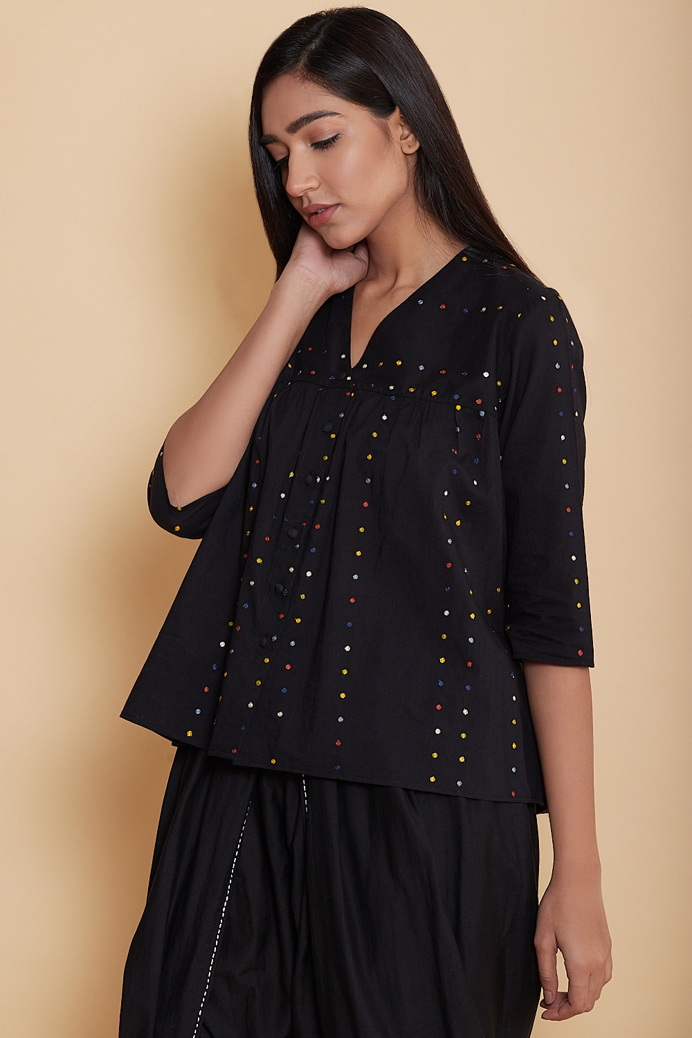 ABRAHAM AND THAKORE | Dot Embroidered Cotton Kedia Top