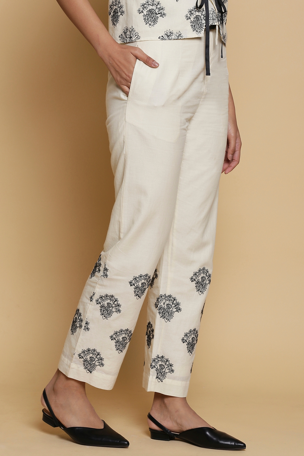 ABRAHAM AND THAKORE | Buta Embroidered Cotton Straight Pant