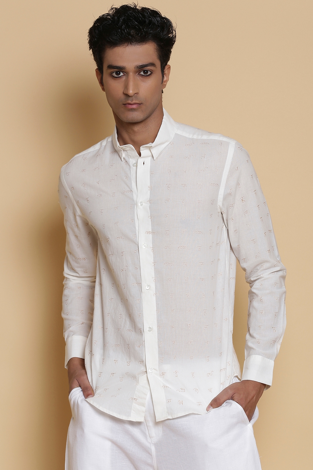 ABRAHAM AND THAKORE | Calligraphy Embroiderd Cotton Shirt