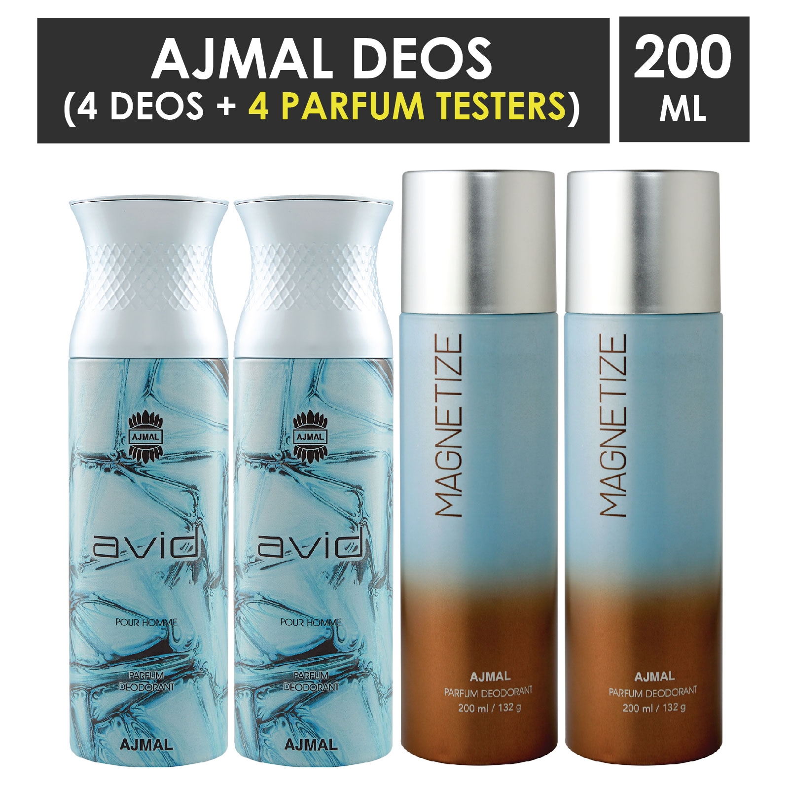 Ajmal | Ajmal 2 Avid for Men and 2 Magnetize for Men & Women High Quality Deodorants each 200ML Combo pack of 4 (Total 800ML) + 4 Parfum Testers