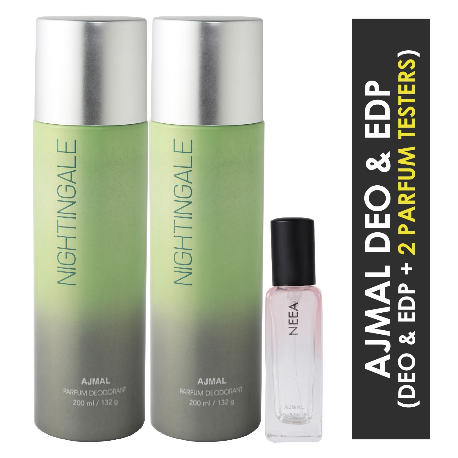 Ajmal | Ajmal 2 Nightingale Deo each 200ML & Neea EDP 20ML Pack of 3 (Total 420ML) for Men & Women + 2 Parfum Testers