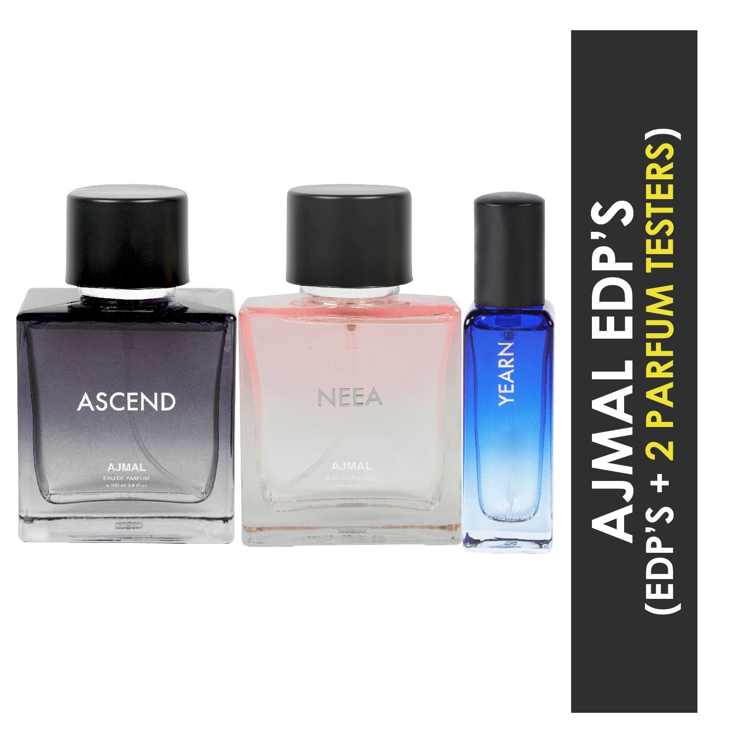 Ajmal | Ajmal Ascend & Neea EDP each 100ML & Yearn  EDP 20ML Pack of 3 (Total 220ML) for Men & Women + 2 Parfum Testers