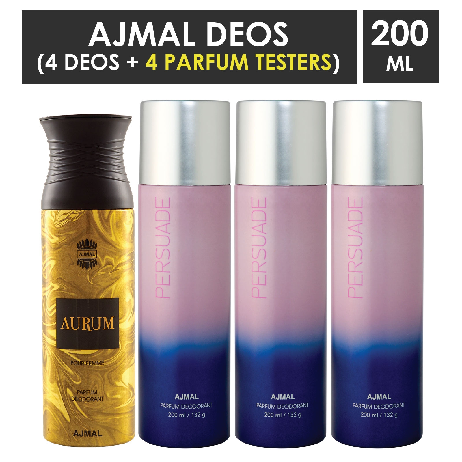 Ajmal | Ajmal 1 Aurum Femme for Women and 3 Persuade for Men & Women High Quality Deodorants each 200ML Combo pack of 4 (Total 800ML) + 4 Parfum Testers