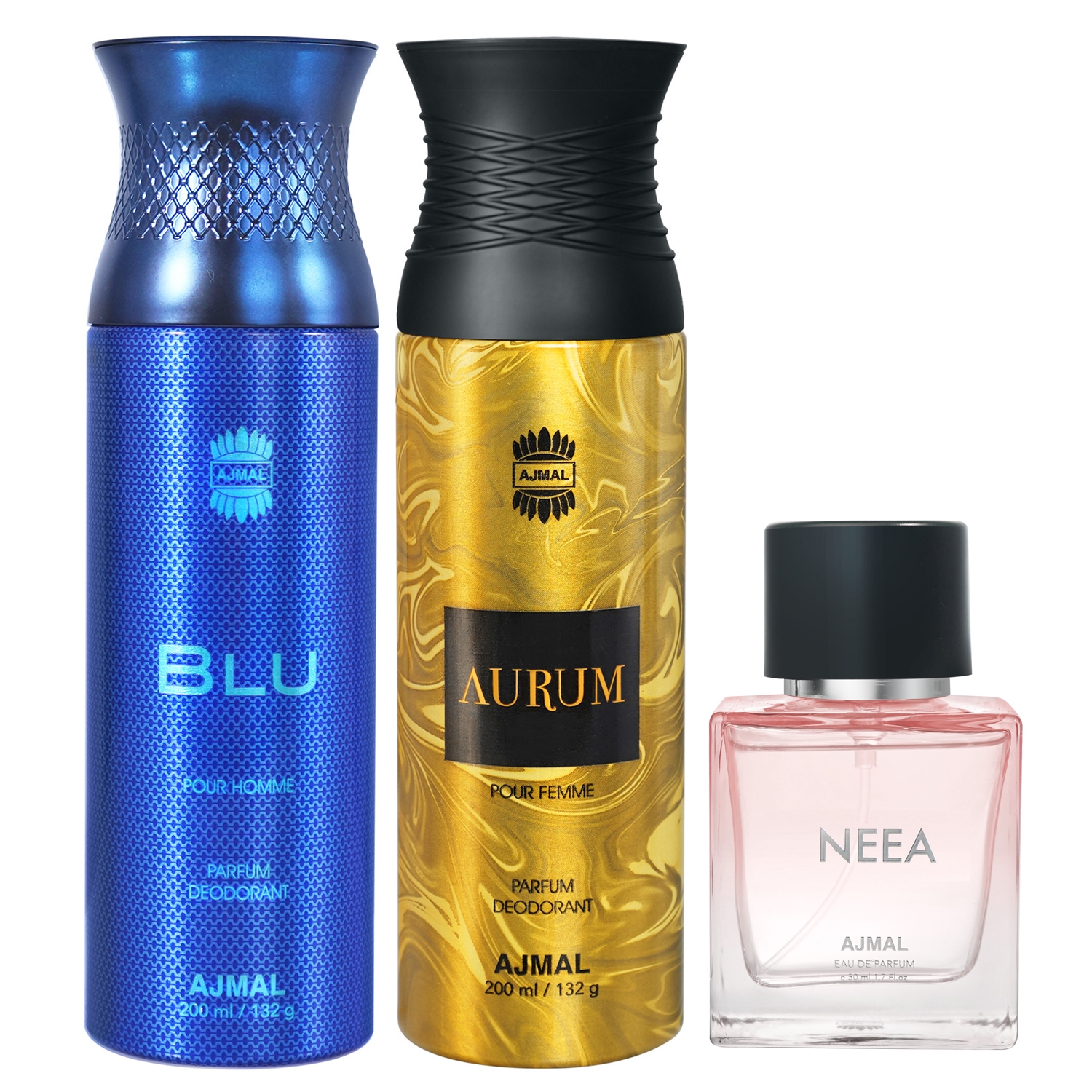 Ajmal Blu & Aurum Deodorants Gift For Men & Women each 200 ml and Neea EDP 50 ml for Women (450 ml, Pack of 3)