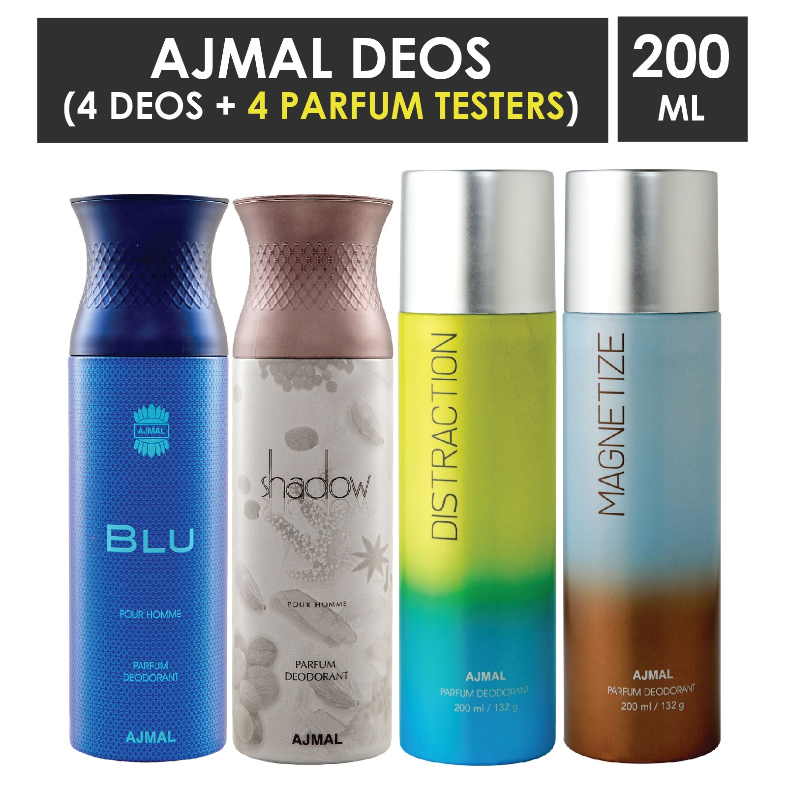 Ajmal | Ajmal 1 Blu Homme for Men, 1 Shadow Homme for Men, 1 Distraction and 1 Magnetize for Men & Women High Quality Deodorants each 200ML Combo pack of 4 (Total 800ML) + 4 Parfum Testers
