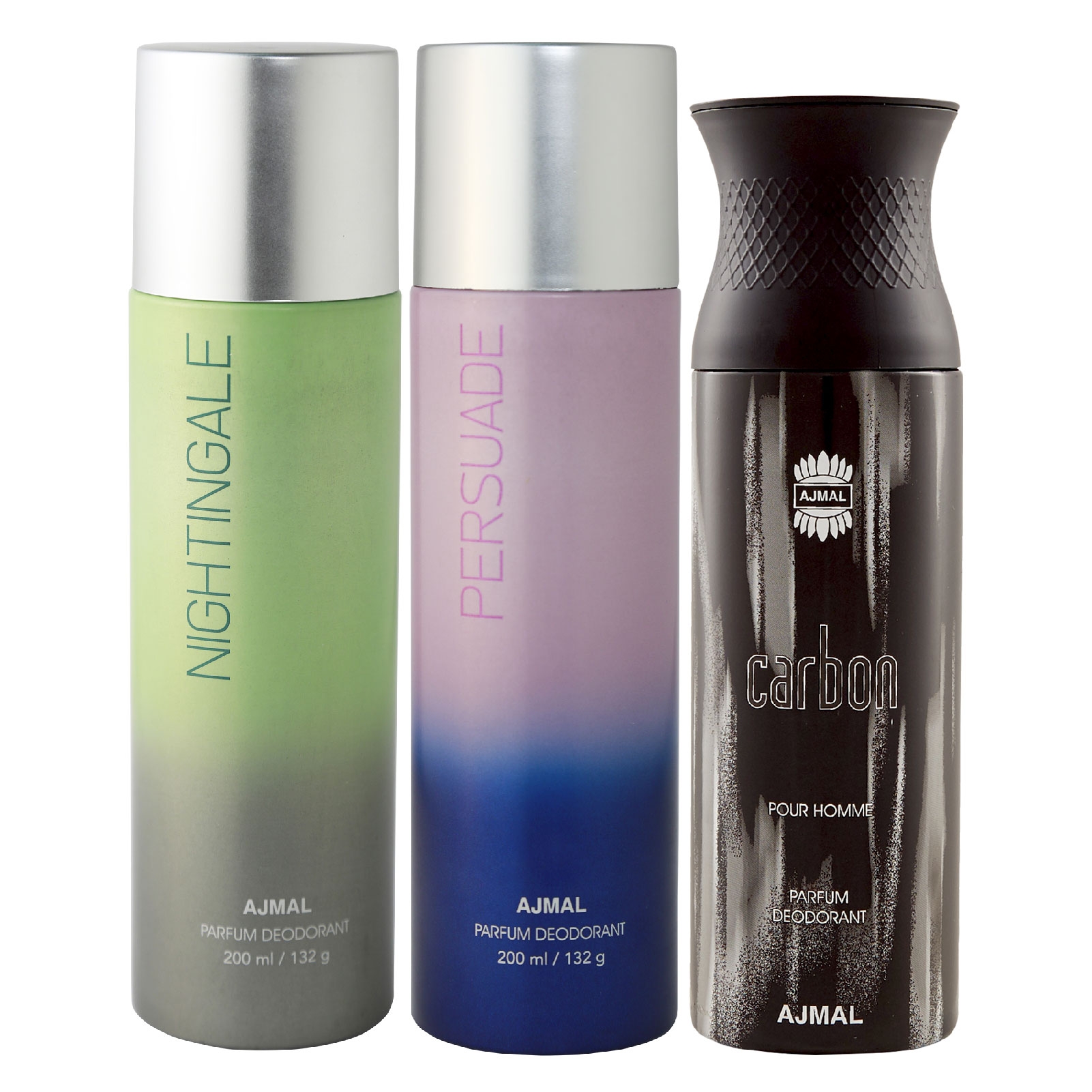 Ajmal | Ajmal Nightingale and Persuade for Men & Women and Carbon for Men High Quality Deodorants each 200ML Combo pack of 3 (Total 600ML) + 3 Parfum Testers