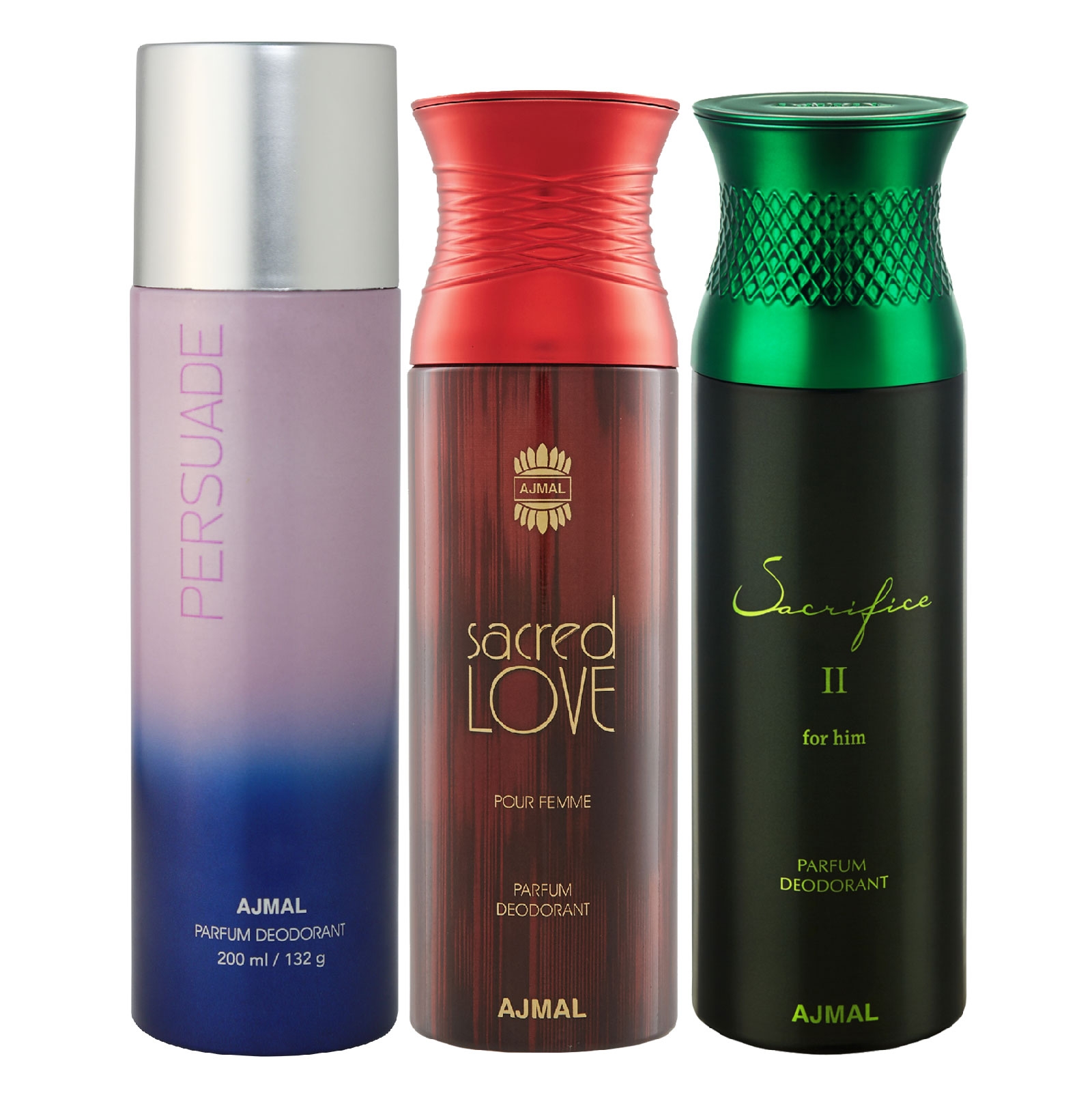 Ajmal | Ajmal 1 Persuade for Men & Women, 1 Sacred Love for Women and 1 Sacrifice II for Him for Men High Quality Deodorants each 200ML Combo pack of 3 (Total 600ML) + 3 Parfum Testers