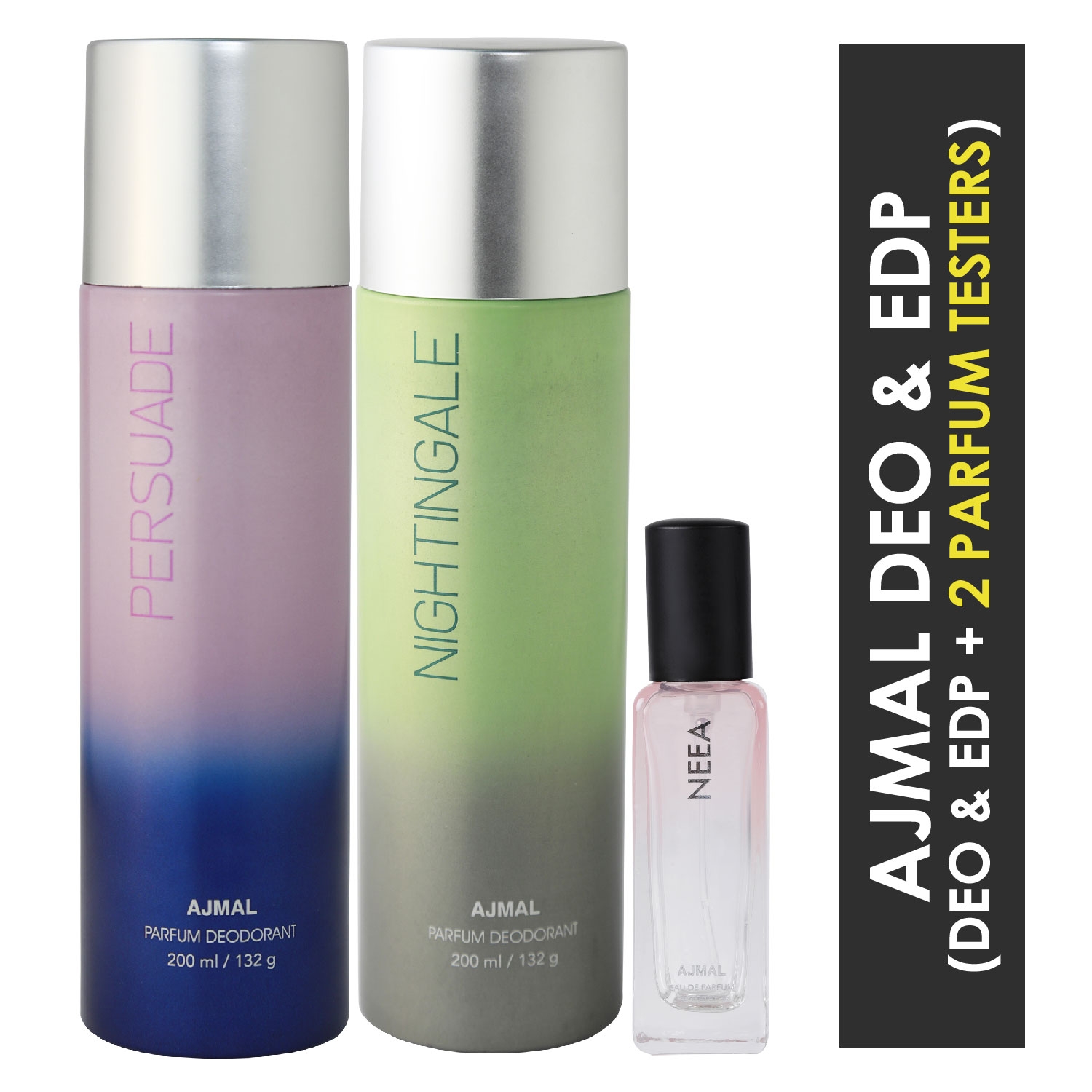 Ajmal | Ajmal Persuade & Nightingale Deo each 200ml & Neea EDP of 20ML Pack of 3 (Total 420ML) for Men & Women + 2 Parfum Testers