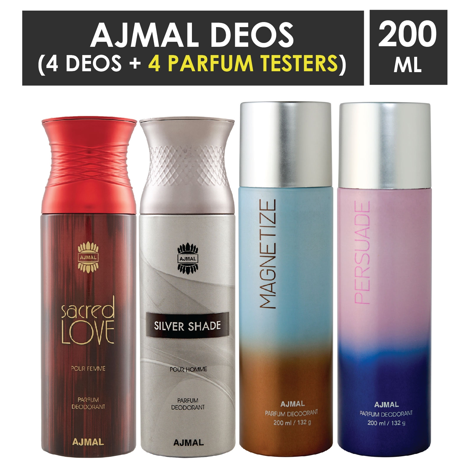 Ajmal | Ajmal 1 Sacred Love for Women, 1 Silver Shade for Men, 1 Magnetize and 1 Persuade for Men & Women High Quality Deodorants each 200ML Combo pack of 4 (Total 800ML) + 4 Parfum Testers