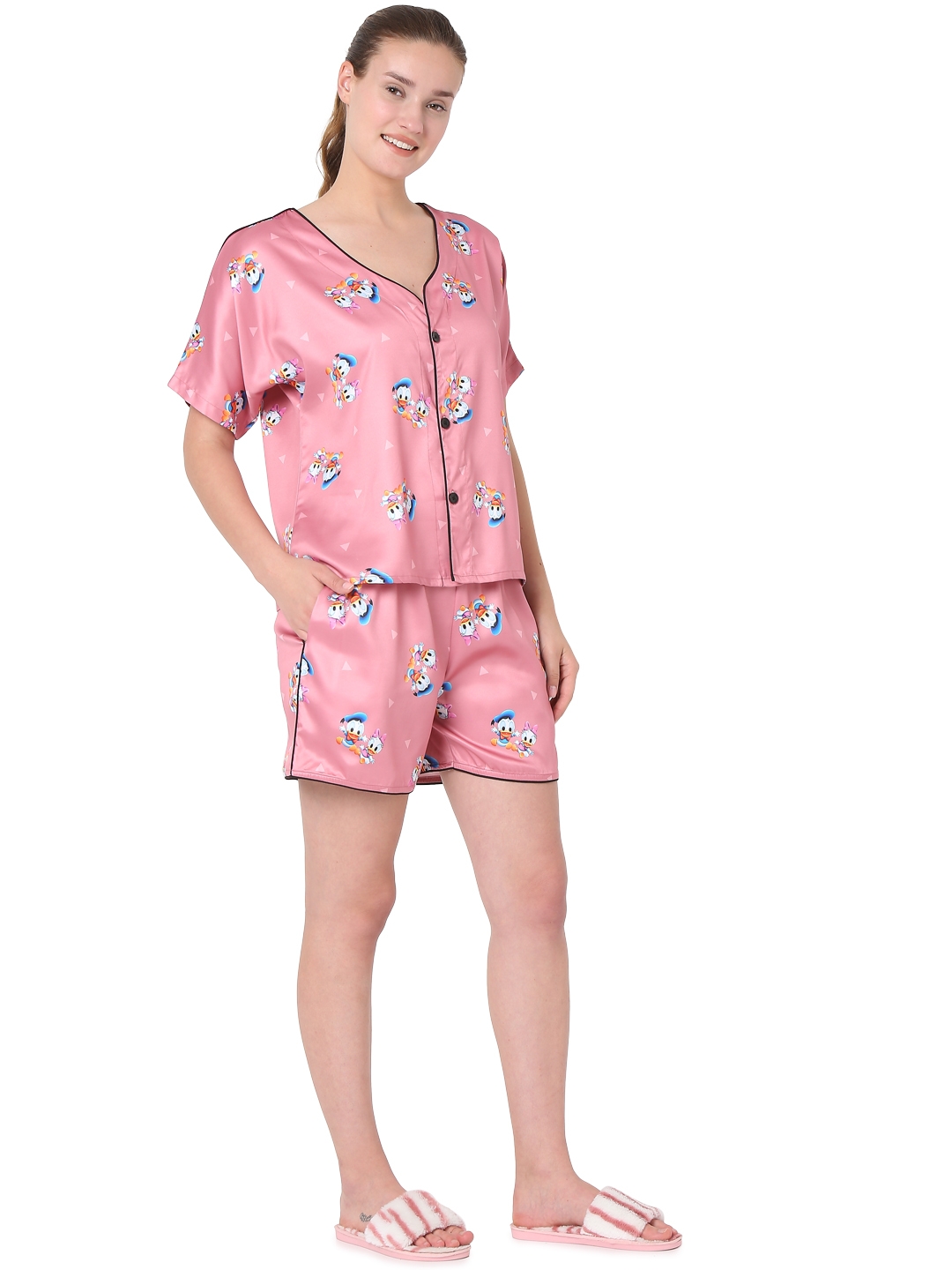 Smarty Pants women's silk satin mauve pink color cartoon print shorts &  shirt night suit.
