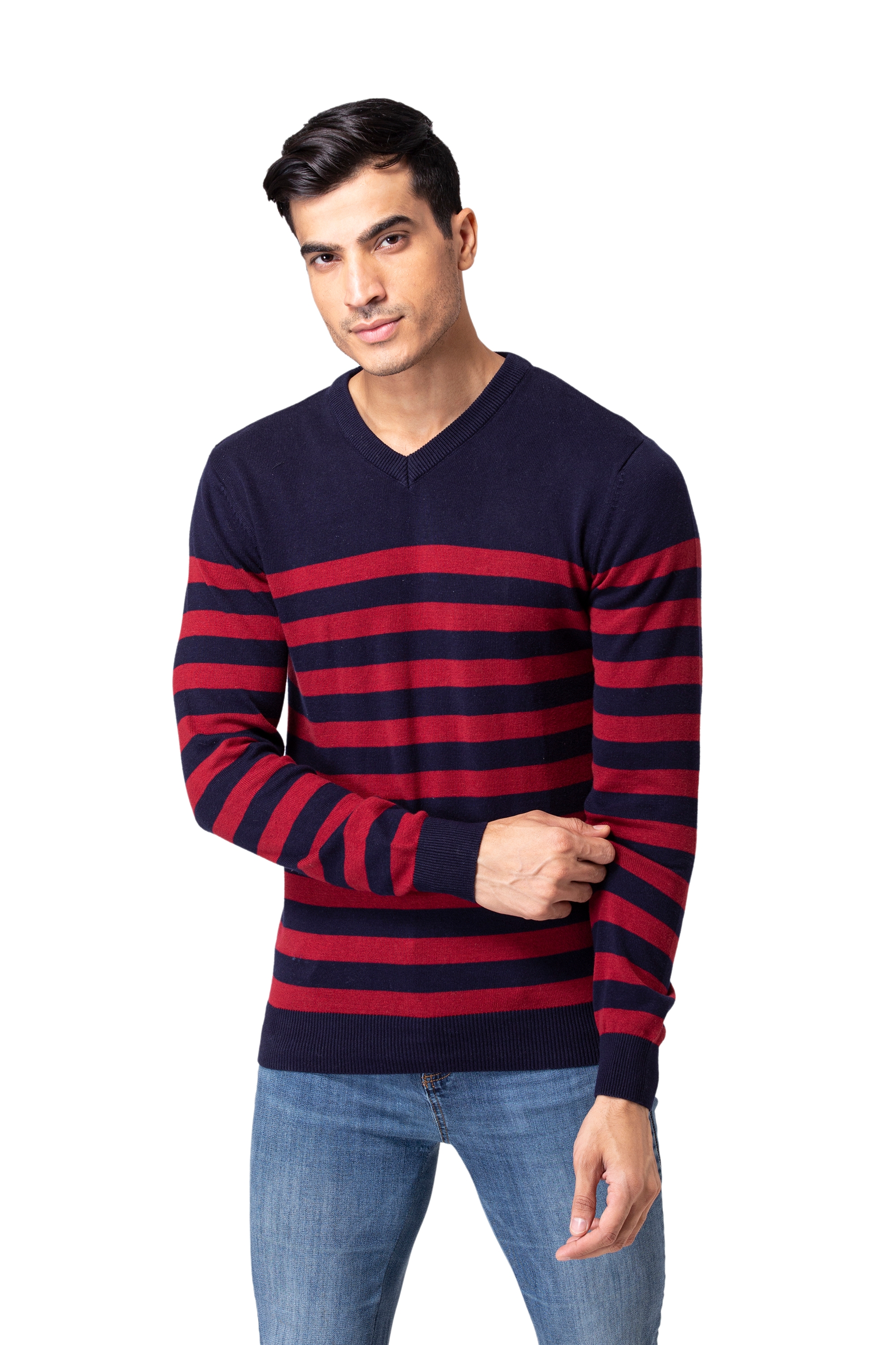 Allen Cooper | Allen Cooper Navy Blue Striped V-Neck Sweater