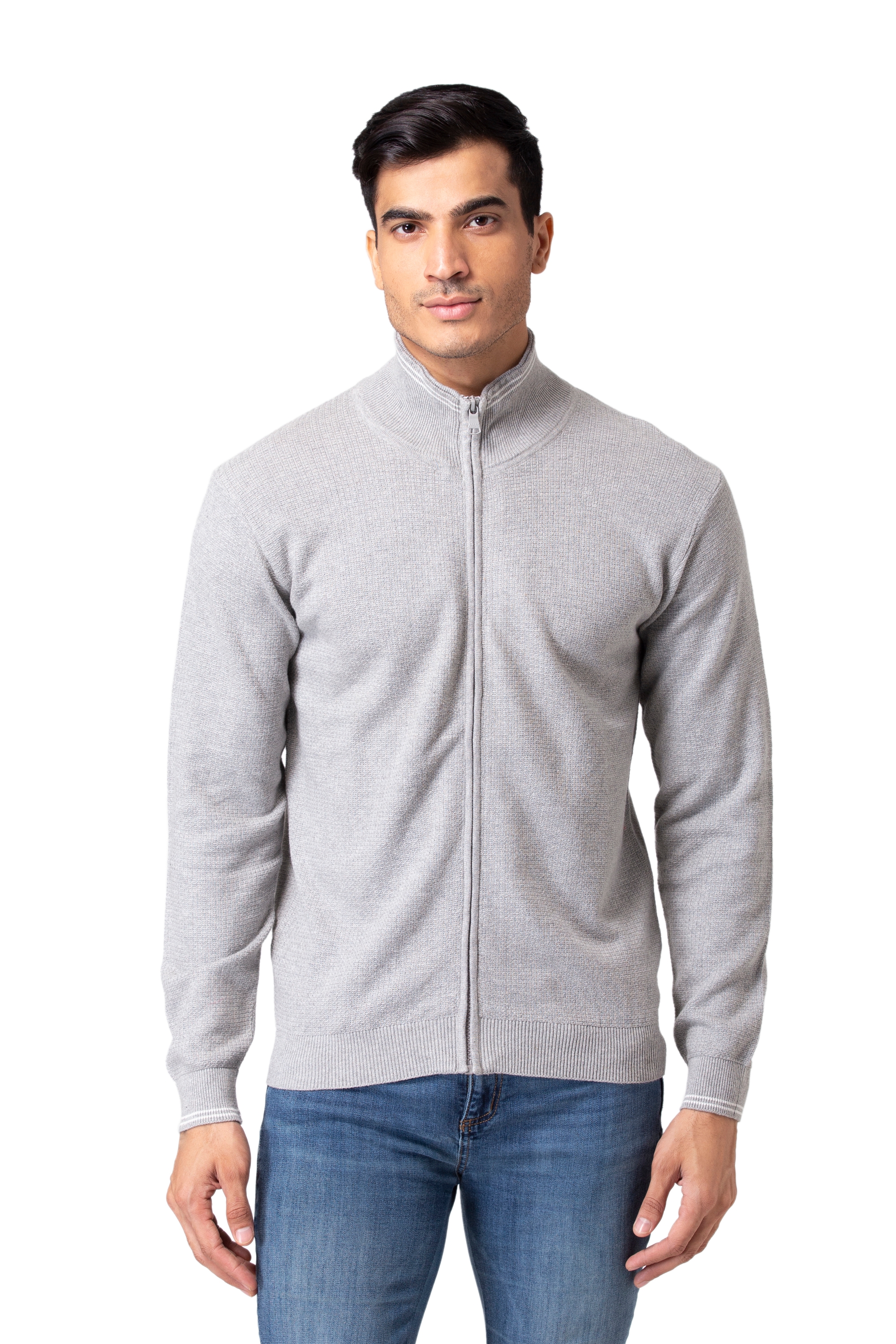 Allen Cooper | Allen Cooper Grey Solid Round Neck Zipper Sweater