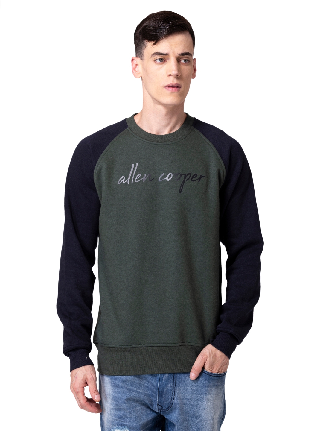 Allen Cooper | Allen Cooper Olive Solid Round Neck Sweatshirt For Men