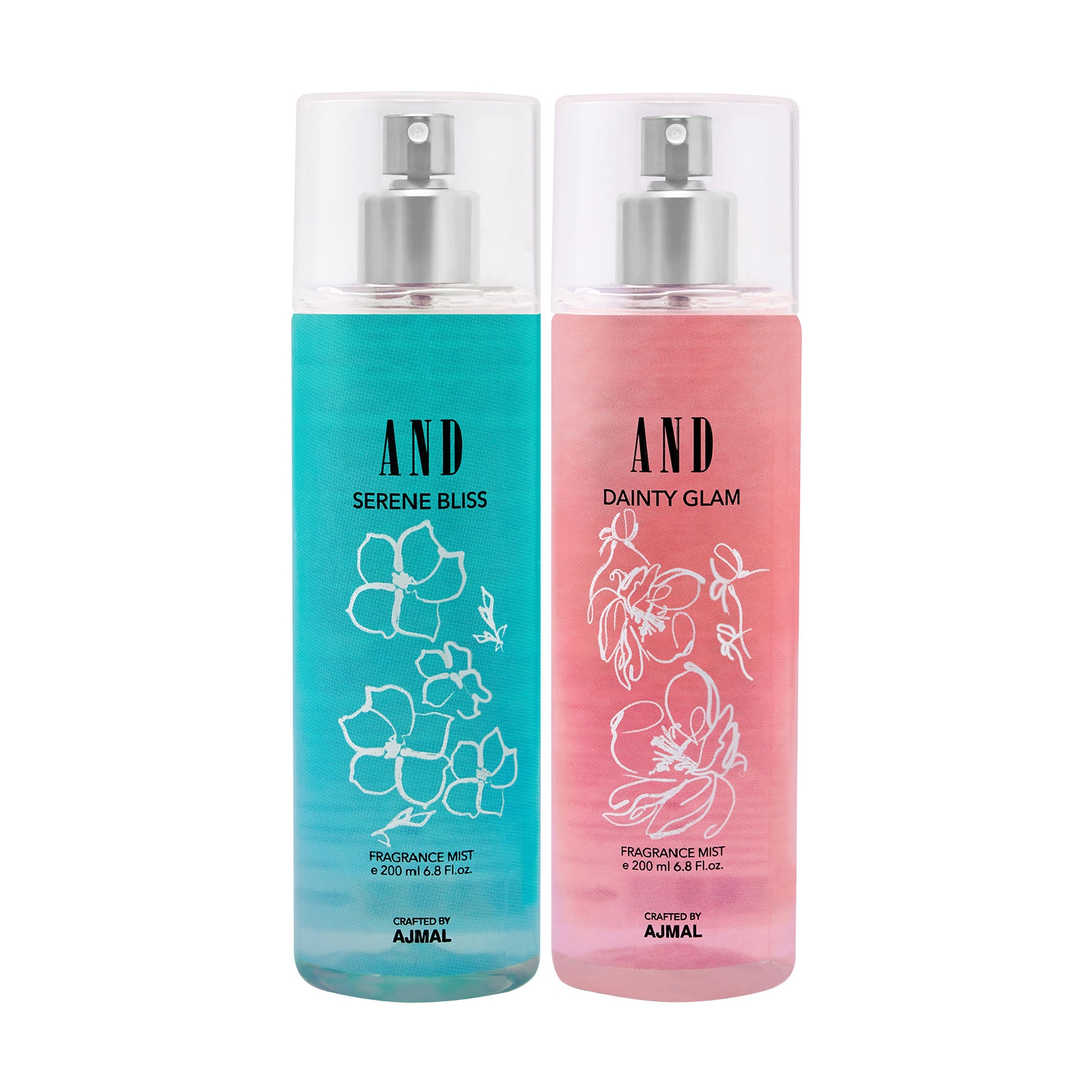 AND Crafted By Ajmal | AND Serene Bliss & Dainty Glam Pack of 2 Body Mist 200ML each for Female Crafted by Ajmal + 2 Parfum Testers
