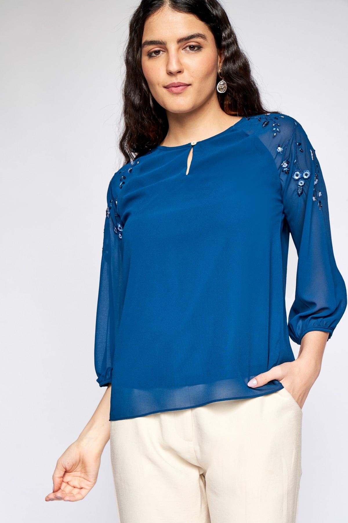 AND | Teal Solid Embellished Top