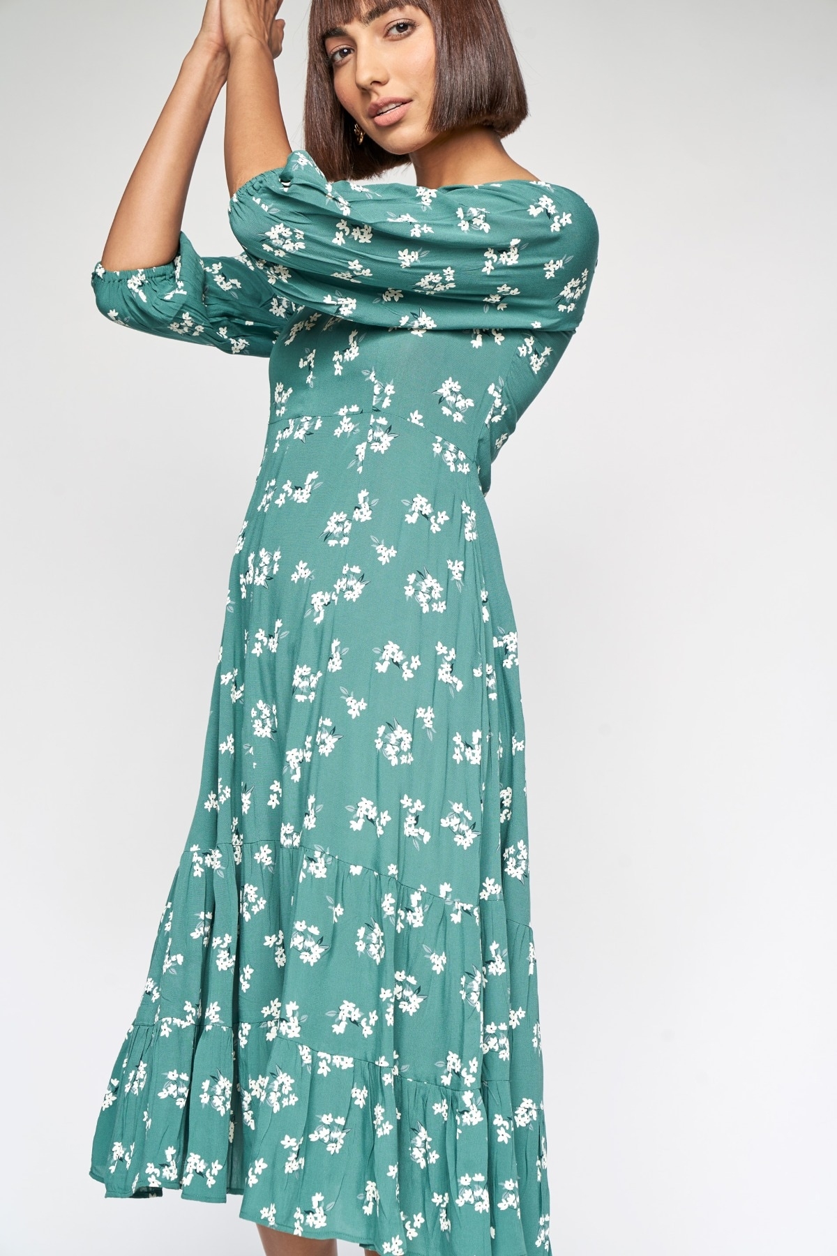 AND | Sage Green Floral Fit And Flare Dress
