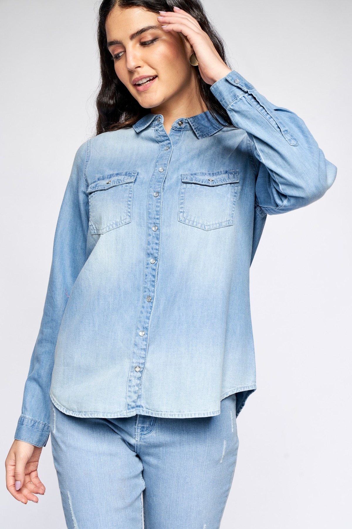 AND | Light Blue Self Design Shirt Style Top